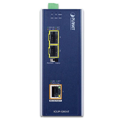 Промисловий 2-портовий 100/1000X SFP до 1-портового 10/100/1000T 802.3bt PoE++ медіаконвертер