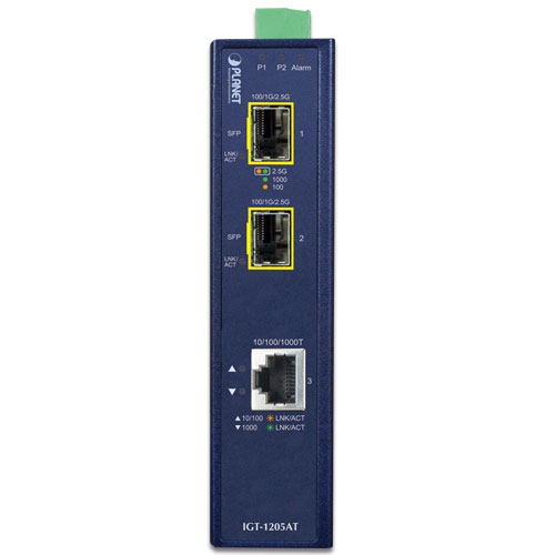 Промышленный медиаконвертер с 1 портом 10/100/1000T на 2 порта 100/1000/2500X SFP - IGT-1205AT