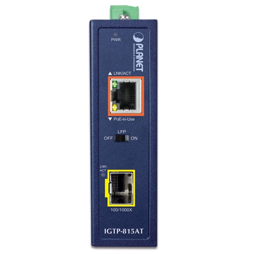 Промышленный компактный медиаконвертер 100/1000BASE-X - 10/100/1000BASE-T 802.3at PoE+ - IGTP-815AT