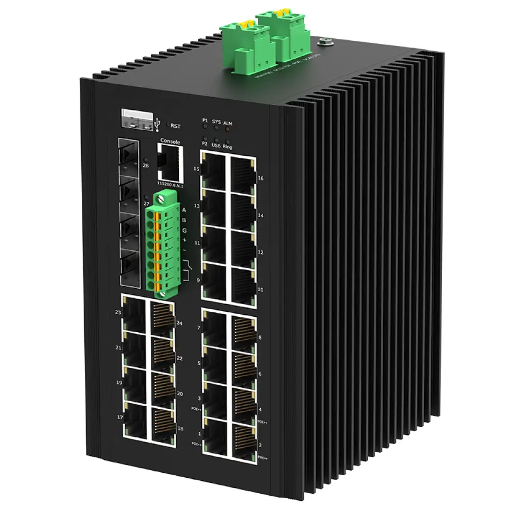 24×GE RJ45 + 4×1G/2.5G SFP промышленный управляемый L2+ коммутатор / PoE++ коммутатор DIN, -40…+80°C