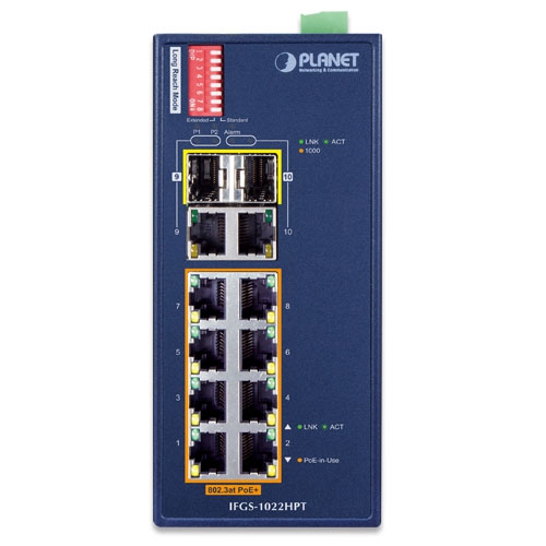 IFGS-1022HPT - Промышленный неуправляемый коммутатор с 8 PoE+ портами и 2 Gigabit TP/SFP комбо портами