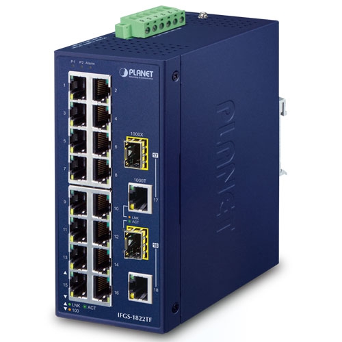 IFGS-1822TF - Industrial 16-Port 10/100TX + 2-Port Gigabit TP/SFP Combo Ethernet Switch IFGS-1822TF - Industrial 16-Port 10/100TX + 2-Port Gigabit TP/SFP Combo Ethernet Switch