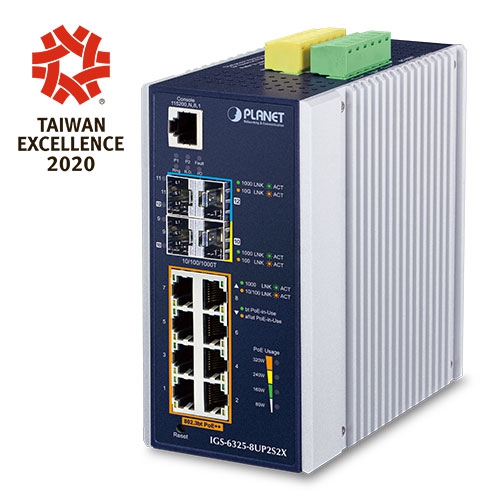 Промышленный L3 8x10/100/1000T 802.3bt PoE + 2x1G/2.5G SFP + 2x10G SFP+ управляемый Ethernet коммутатор - IGS-6325-8UP2S2X Промышленный L3 8x10/100/1000T 802.3bt PoE + 2x1G/2.5G SFP + 2x10G SFP+ управляемый Ethernet коммутатор - IGS-6325-8UP2S2X