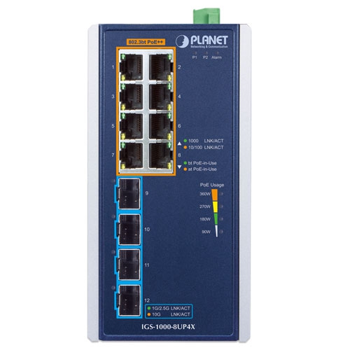 IGS-1000-8UP4X - Промышленный неуправляемый коммутатор с 8 PoE++ портами и 4 10G SFP+ слотами