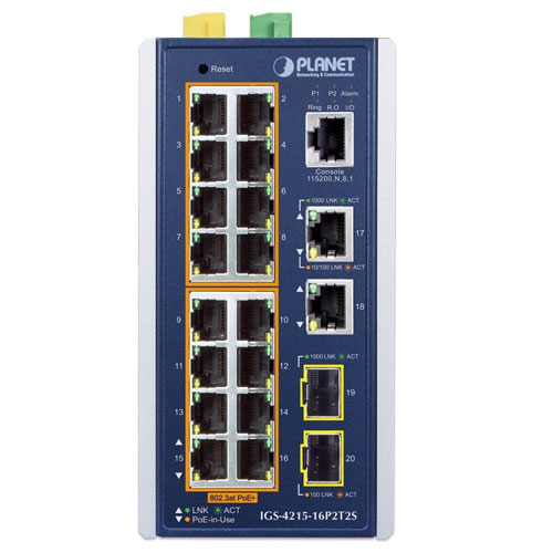 IGS-4215-16P2T2S - Промышленный управляемый коммутатор L2/L4 с 16 PoE+ портами, 2 Gigabit портами и 2 SFP слотами