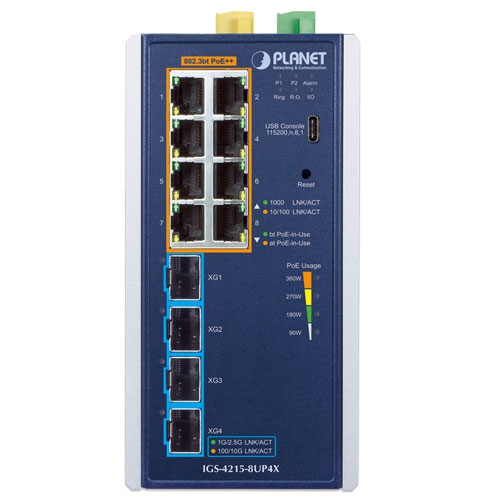 IGS-4215-8UP4X - Промышленный управляемый коммутатор L2/L4 с 8 PoE++ портами, 4 10G SFP+ слотами
