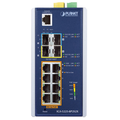 IGS-5225-8P2S2X - Промышленный управляемый коммутатор L3 с 8 PoE+ портами, 2 SFP слотами и 2 10G SFP+ слотами