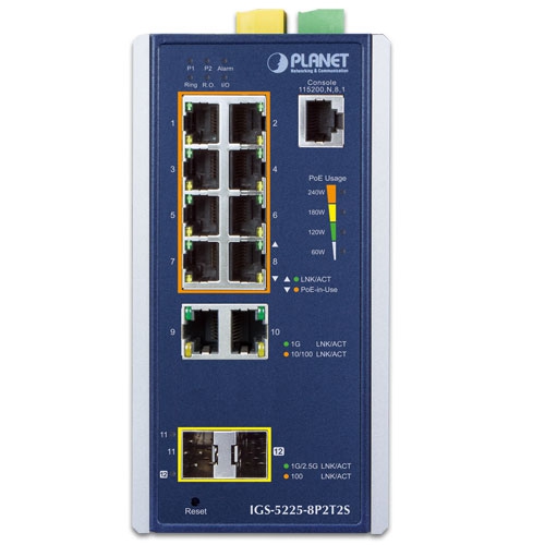 IGS-5225-8P2T2S - Промышленный управляемый коммутатор L2+ с 8 PoE+ портами, 2 Gigabit портами и 2 SFP слотами