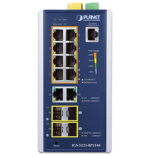 IGS-5225-8P2T4S - Промышленный управляемый коммутатор L2+ с 8 PoE+ портами, 2 Gigabit портами и 4 SFP слотами