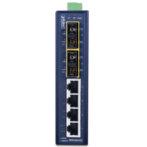 ISW-621 / ISW-621S15 - 4-Port 10/100Base-TX + 2-Port 100Base-FX Industrial Fast Ethernet Switch (-10~60 degrees C operating temperature)