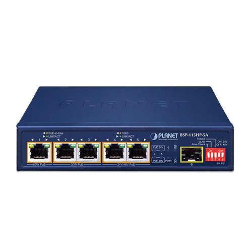 BSP-115HP-5A - 5-портовый гибридный PoE-коммутатор на солнечных батареях с 1-портовым 1000X SFP BSP-115HP-5A - 5-портовый гибридный PoE-коммутатор на солнечных батареях с 1-портовым 1000X SFP