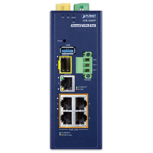IVR-300FP - Industrial 4-Port 10/100/1000T 802.3at PoE + 1-Port 10/100/1000T + 1-Port 1000X SFP VPN Security Gateway
