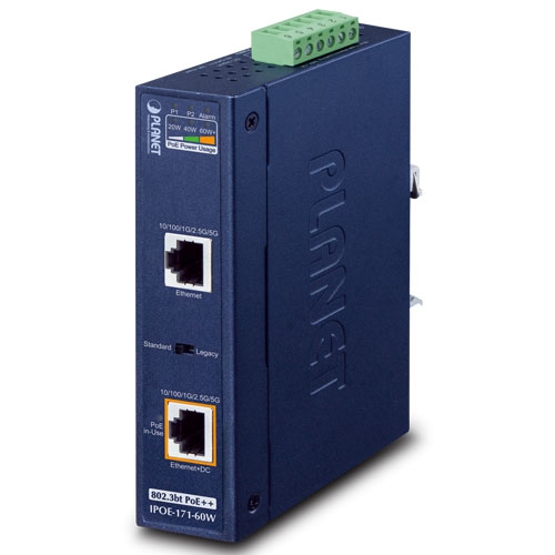Промышленный однопортовый мультигигабитный инжектор 802.3bt PoE++ (60 Вт, -40~75 градусов C, 48~54 В постоянного тока) - IPOE-171-60W Промышленный однопортовый мультигигабитный инжектор 802.3bt PoE++ (60 Вт, -40~75 градусов C, 48~54 В постоянного тока) - IPOE-171-60W