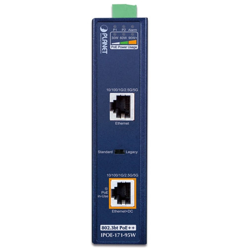 Промышленный однопортовый мультигигабитный инжектор 802.3bt PoE++ (95 Вт, -40~75 градусов C, 12~54 В DC) - IPOE-171-95W