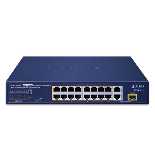 FGSD-1821P - 16-Port 10/100TX 802.3at PoE + 2-Port 10/100/1000T + 1-Port Shared 1000X SFP