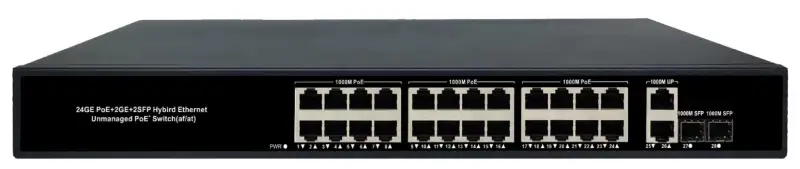PoE коммутатор 24×FE PoE+, 2×GE RJ45, 2×SFP, 300/450 Вт