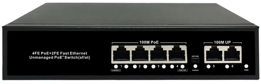 PoE комутатор PS-FE4-65-2U, 4×FE PoE + 2×FE Uplink, 65 Вт