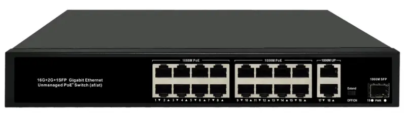 PoE коммутатор PS-GE16-300-2G1S, 16×GE PoE+, 2×GE RJ45 Uplink, 1×SFP, 300 Вт